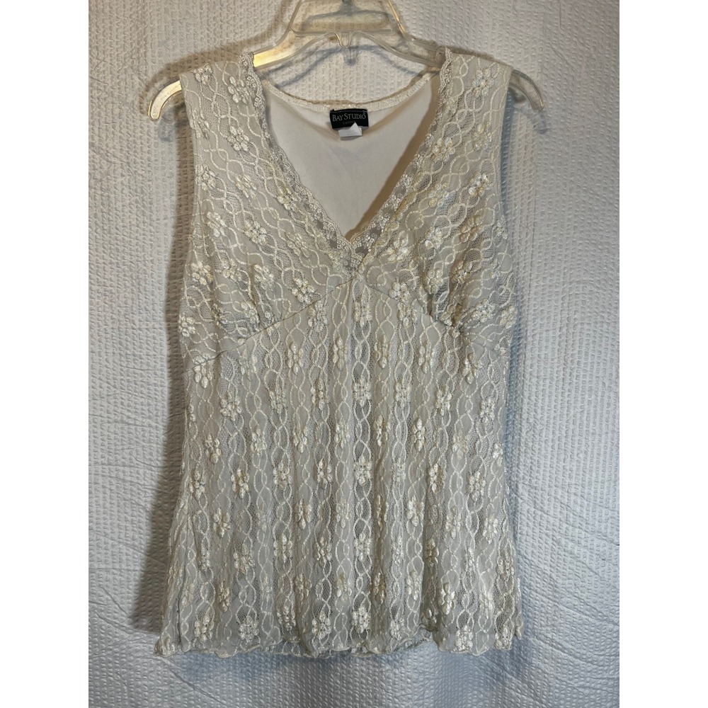 Bay Studio Lace Tank Sleeveless V-Neck Career Blouse Bohomian Festival White L